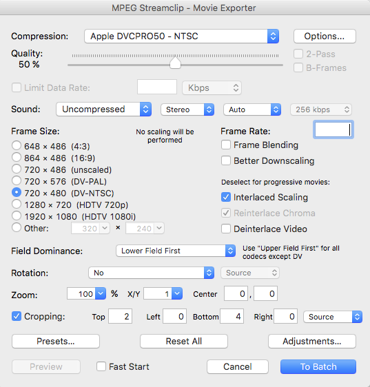 NYU DV-50 MPEGStreamclip settings